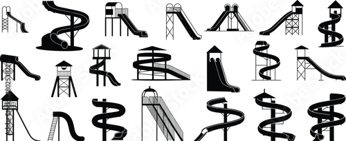Water slide silhouettes, playground slide icons, spiral slide, tube slide, vector set, black, editable, minimal, fun, recreation