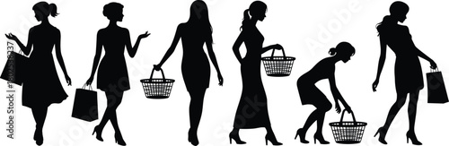 Woman shopping silhouette set, female shopper poses, retail customer icons, carrying bags and baskets, fashion shopping vector illustration