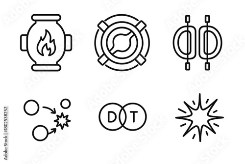 Nuclear Fusion Icons. Line style icons of nuclear fusion: plasma reactor, fusion core, magnetic confinement, fusion reaction icon,