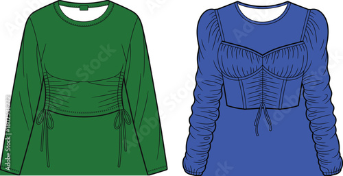 Women’s fashion top, ruched blouse, corset style, puff sleeve, vector illustration, stylish, trendy, elegant, modern, editable, minimal, clothing design, apparel mockup, black and white, flat sketch