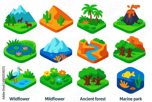 Protected Landscapes Icons. Isometric vector illustration set Protected Landscapes: mountain reserve, desert sanctuary, wetland