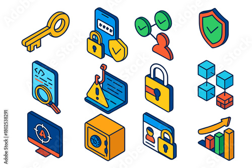 Blockchain Security Icons. Isometric vector illustration set Blockchain Security: private key icon, two-factor authentication,