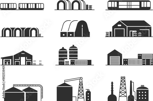 Industrial vector icons, warehouse illustration, silo structures, transportation buildings, factory design, black and white, scalable