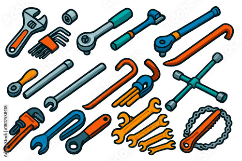 Colorful Tool Icons. Isometric vector illustration set Tools: adjustable wrench, socket wrench, torque wrench, Allen key set,