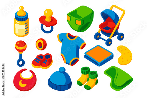 Bold Baby Essentials. Isometric vector illustration set Baby Essentials: milk bottle, pacifier, diaper, stroller, rattle, onesie,