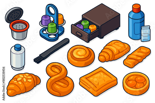 Coffee Tools and Pastries. Isometric vector illustration set Coffee Equipment and Breakfast Treats: reusable coffee pod, pod stand