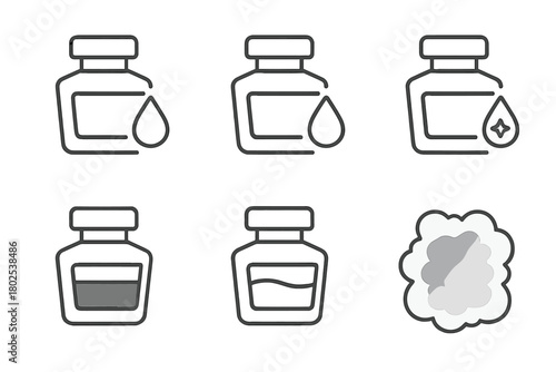 Ink Variant Icons. Line style icons of Calligraphy Ink Variants: black ink, red ink, blue ink, metallic ink, gradient ink pot,
