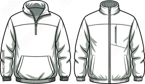 Isolated jacket front views, technical apparel illustration, winter outerwear design templates, fashion sketch, detailed hoodie and jacket mockup for clothing production