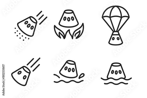 Space Exploration Icons. Line style icons of space exploration: capsule reentry, heat shield icon, atmospheric friction, parachute