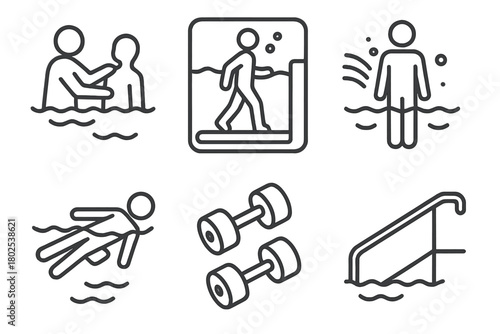 Aquatic Physiotherapy Icons. Line style icons of aquatic physiotherapy: pool therapy session, underwater treadmill, resistance