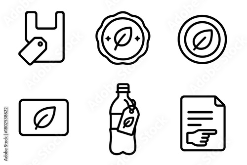 Biodegradable Icons. Line style icons of biodegradable plastics: product labeling, compostable certified badge, biodegradable