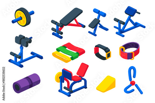 Fitness Essentials Icons. Isometric vector illustration set Fitness and Workout Essentials: ab roller, sit-up bench, back