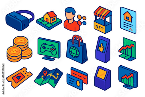 Metaverse Icon Set. Isometric vector illustration set Metaverse and Virtual Economy: VR headset icon, virtual land plot, avatar