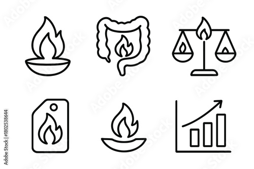 Ayurveda Digestion Icons. Line style icons of Ayurveda: digestion fire (Agni), digestive flame icon, healthy gut symbol, Agni