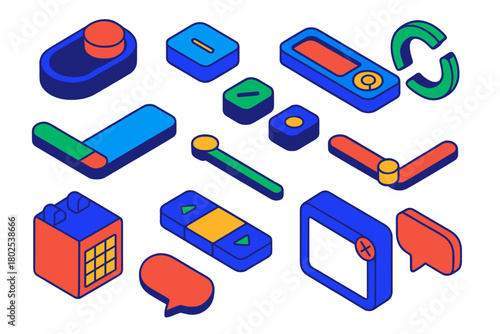 Modern UI Elements. Isometric vector illustration set Modern UI Components: toggle switch, dropdown menu, search bar, loading