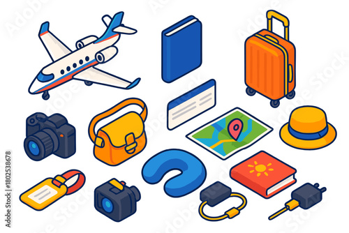 Air Travel Essentials. Isometric vector illustration set Air Travel Essentials: private jet, blank passport cover, rolling cabin