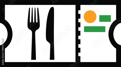 Meal voucher illustration with fork and knife symbol, abstract food shapes, dining coupon concept, food event ticket design