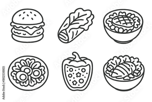 Keto Diet Icons. Line style icons of ketogenic diet: keto lunch, lettuce wrap icon, grilled meat salad bowl, egg salad plate,