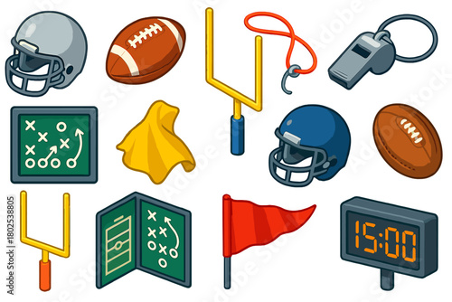 Football Game Essentials. Isometric vector illustration set agriculture: high-power tractor, large barn, sunflower plants, hoe,