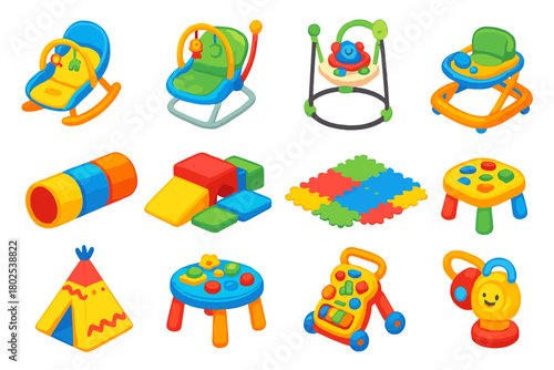 Baby Essentials Icons. Isometric vector illustration set Baby Essentials: baby food maker, blender, steamer, storage jar, freezer