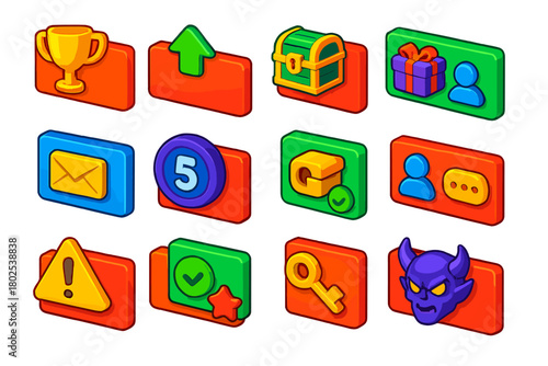 Colorful Gaming Icons. Isometric vector illustration set Gaming Notifications: achievement unlocked popup, level up alert, quest