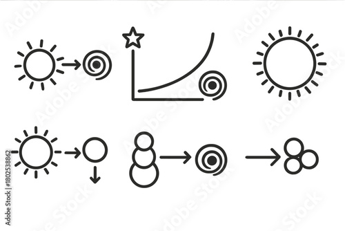 Black Hole Lifecycle Icons. Line style icons of black holes: massive star lifecycle, stellar evolution track, red giant icon, core