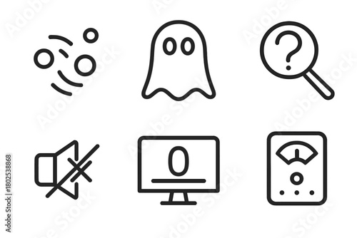 Dark Matter Icons. Line style icons of dark matter: non-interacting particles, ghost icon, detection difficulty, absence of