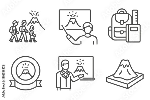 Volcano Education Icons. Line style icons of volcanology: student field trip, volcano education icon, school kit, youth science