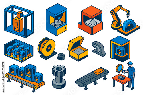 Industrial 3D Printing Scene. Isometric vector illustration set Industrial 3D Printing: large-scale 3D printer, metal 3D printer,