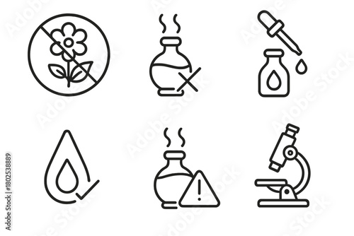Aromatherapy Icon Insights. Line style icons of aromatherapy myths vs facts: "natural is always safe" myth, "stronger scent =