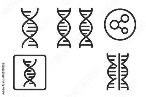 Cloning Technology Icons. Line style icons of cloning technology: DNA strand symbol, identical genes, molecular duplication,