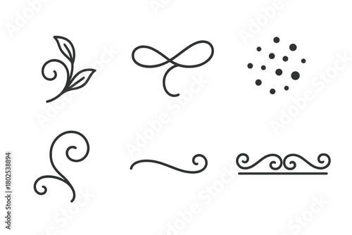 Artistic Line Icons. Line style icons of Artistic Flourishes and Accents: leaf swirl, ribbon loop, dot scatter, arc swirl,
