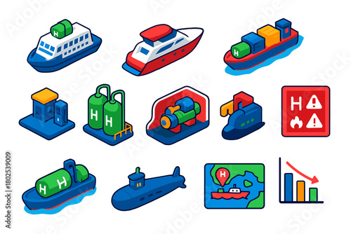Marine Hydrogen Innovations. Isometric vector illustration set Marine Hydrogen Applications: hydrogen ferry, hydrogen-powered