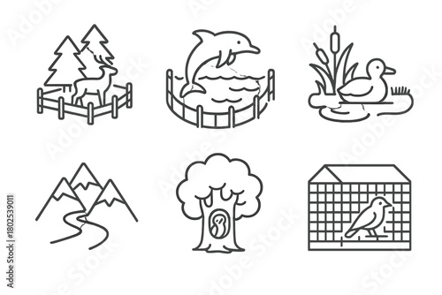 Protected Wildlife Icons. Line style icons of Protected Wildlife Habitats: forest enclosure, marine release bay, wetland pond,