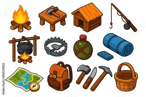 Survival Tool Icons. Isometric vector illustration set Gaming: survival campfire, crafting table, wooden hut, fishing rod, cooking