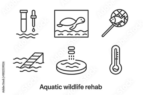 Aquatic Rehab Icons. Line style icons of Aquatic Wildlife Rehab: water quality test, turtle tank, fish netting, submerged ramp,