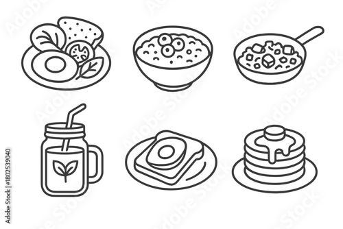 Vegan Breakfast Icons. Line style icons of vegan diet: vegan breakfast ideas, oatmeal bowl with berries, tofu scramble pan,