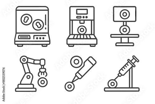Cloning Technology Icons. Line style icons of cloning technology: cloning machine icon, automated device, programmable platform,