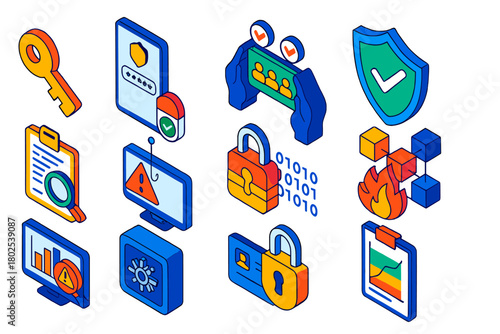 Blockchain Security Icons. Isometric vector illustration set Blockchain Security: private key icon, two-factor authentication,