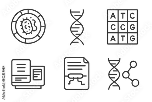 Microbiology Line Icons. Line style icons of microbiology: microbial genome map, base pair icon, ATGC chart, sequencing platform,