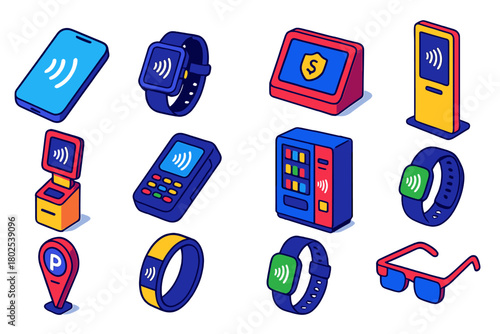 Digital Payment Devices. Isometric vector illustration set Mobile Payment Devices: smartphone with NFC icon, smartwatch payment