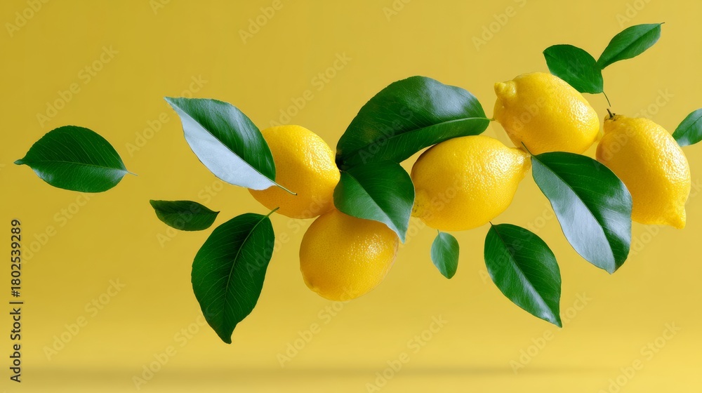 Obraz premium A bunch of lemons with green leaves on top. The lemons are ripe and juicy, and the leaves are fresh and vibrant. Concept of abundance and freshness