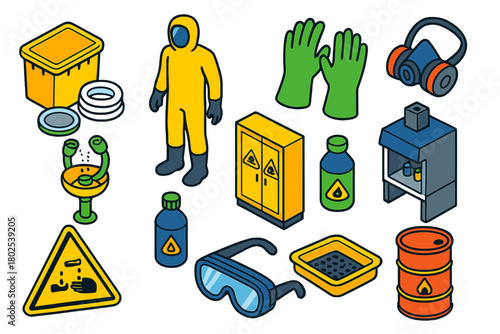 Chemical Safety Icons. Isometric vector illustration set Safety and Warning: chemical spill kit, hazmat suit, chemical resistant