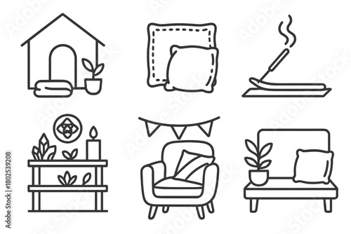 Holistic Healing Icons. Line style icons of holistic healing: home healing space, cozy pillow corner icon, incense and mat symbol,