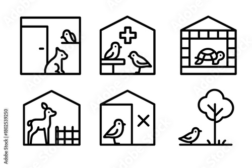 Wildlife Facility Icons. Line style icons of Wildlife Facility Zones: intake room, medical wing, isolation area, nursery zone,