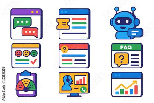 Customer Support Icons. Isometric vector illustration set Customer Support Platforms: live chat window, ticketing system, chatbot