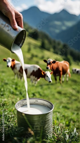 cows milk on alpine meadow. Selective focus. Nature.