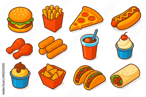 Bold Fast Food Icons. Isometric vector illustration set Fast Food Items: classic burger, fries in box, cheese pizza slice, hot dog