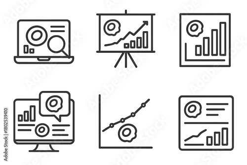 Stem Cell Research Icons. Line style icons of stem cell research: data analysis icon, research graph, stem cell count chart, data