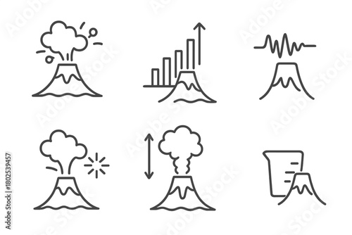Volcanology Line Icons. Line style icons of volcanology: eruption classification, VEI scale, magnitude level, explosion power,